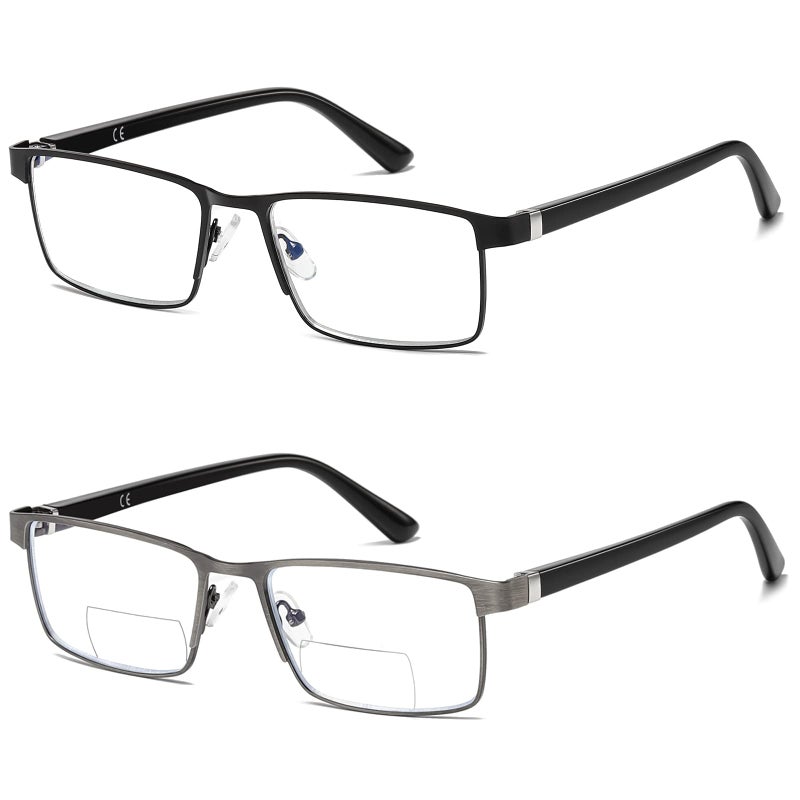 Bifocal Reading Glasses for Men Blue Light Blocking Computer Readers Lightweight Metal Frame Eyewear Spring Hinge 2PACK 20